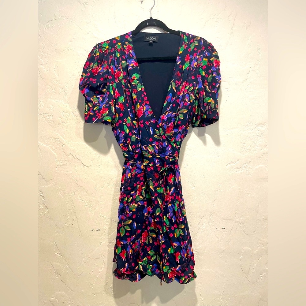 SALONI Lea Floral Mini Puff Sleeve Wrap Dress